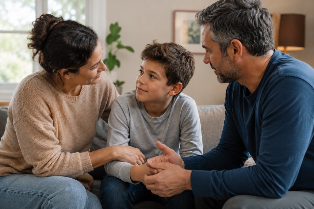 Parents sitting with their son on the sofa for a calm, supportive conversation about ADHD at home