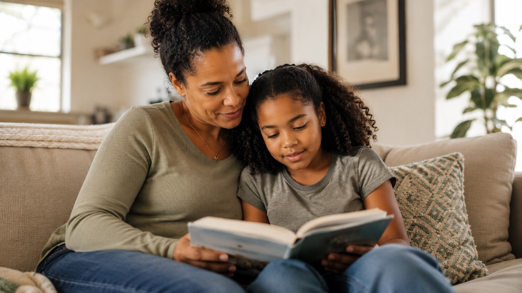 A mother and young daughter reading together on the sofa during a calm, supportive moment at home