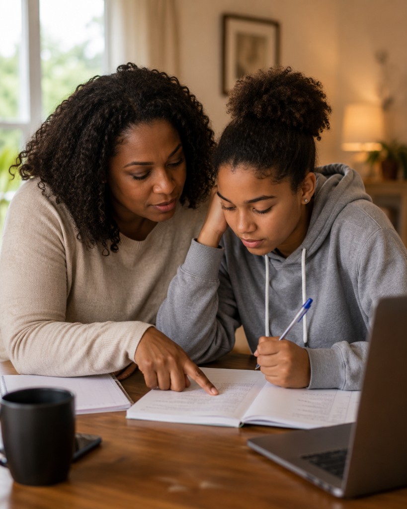 A mother and teenage daughter sitting together at a home table, working through a notebook with calm, supportive guidance