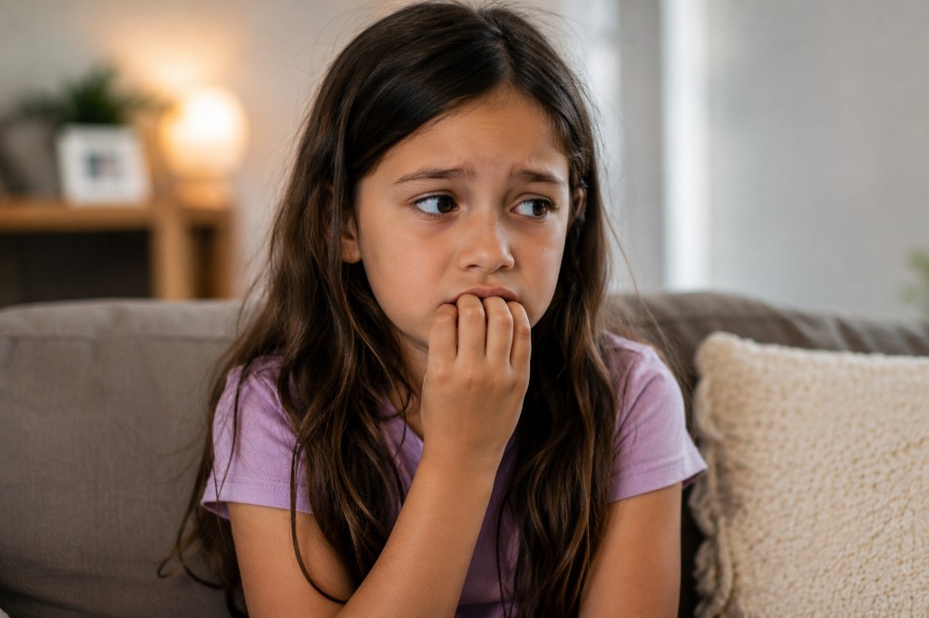 A young girl sitting on a couch biting her fingernails with a worried expression in a softly lit home