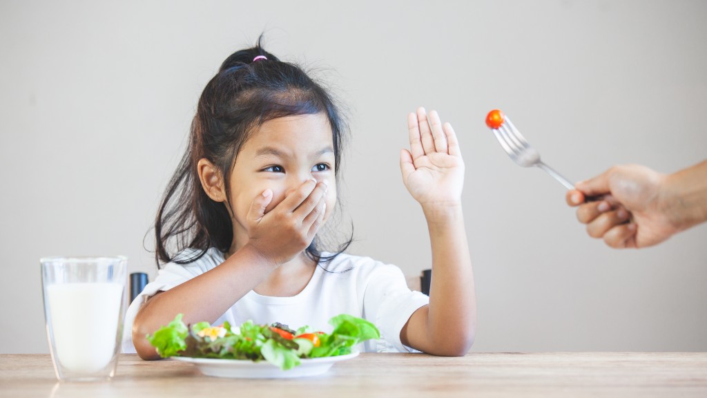 A young girl covering her mouth and holding up a stop hand as an adult offers her a cherry tomato on a fork at the dinner table