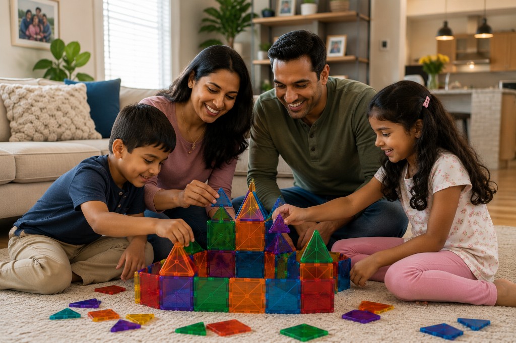 A smiling family of four sitting on a living room rug, building a colorful magnetic tile structure together in a bright, sunlit home