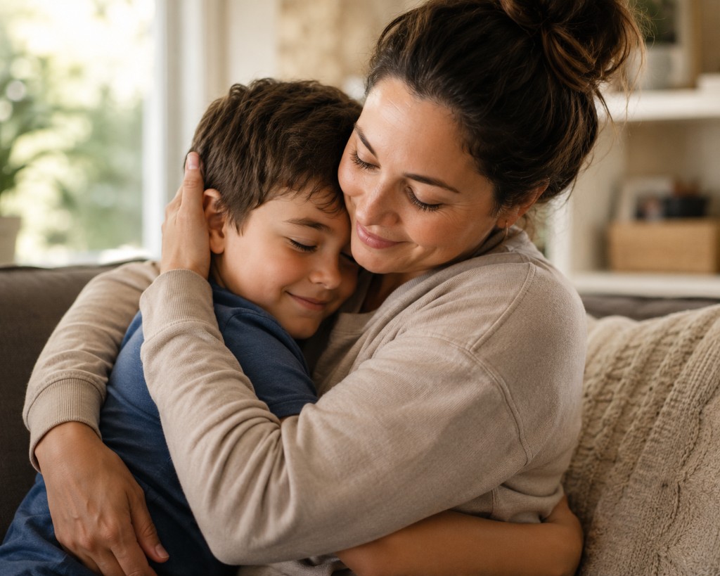 A mother and young son sharing a peaceful, comforting hug in a softly lit home setting, illustrating co-regulation and emotional connection