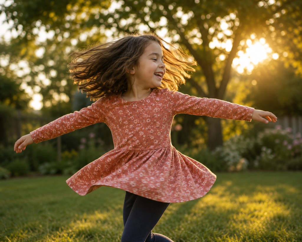 A young girl spinning joyfully in a floral dress on a green lawn at golden hour, arms outstretched and hair flying