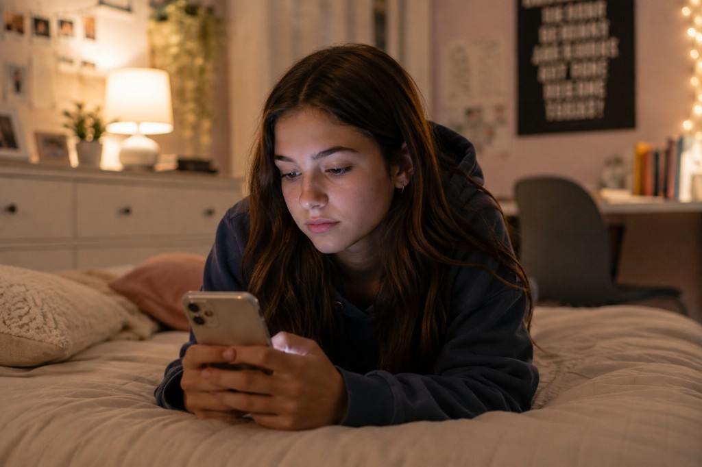 A teenage girl lying on her bed looking at her phone in a dim bedroom, with a somber, withdrawn mood