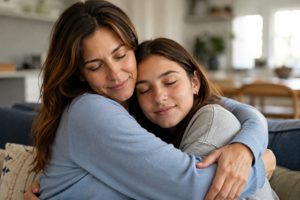 A mother and teenage daughter hugging on a couch with their eyes closed in a warm, supportive embrace