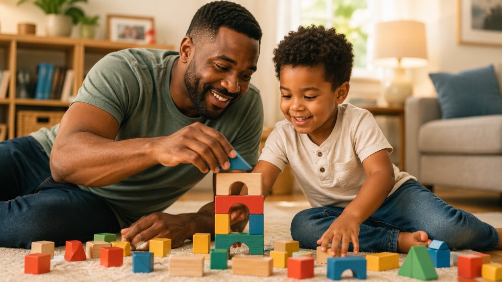 A father and young son smiling together while building a colorful wooden block tower on a rug in a sunlit living room