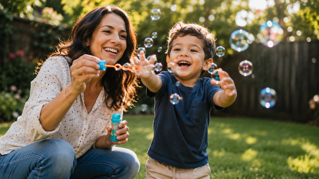A mother and young son laughing together while blowing bubbles in a sunlit backyard