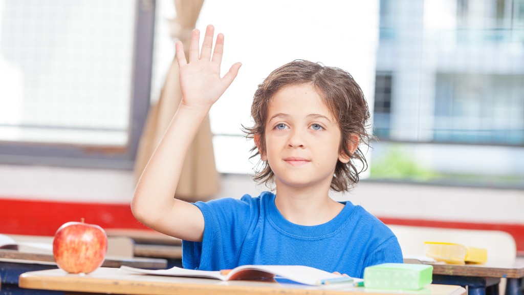 A young boy in a blue shirt raising his hand at a classroom desk with an open notebook