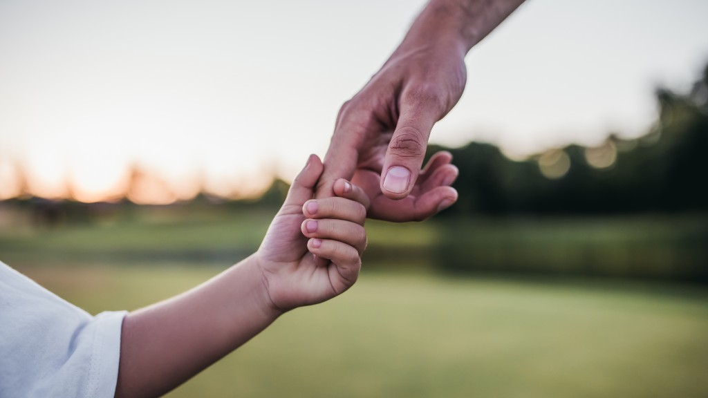 A child's hand gently holding an adult's index finger outdoors in golden-hour light