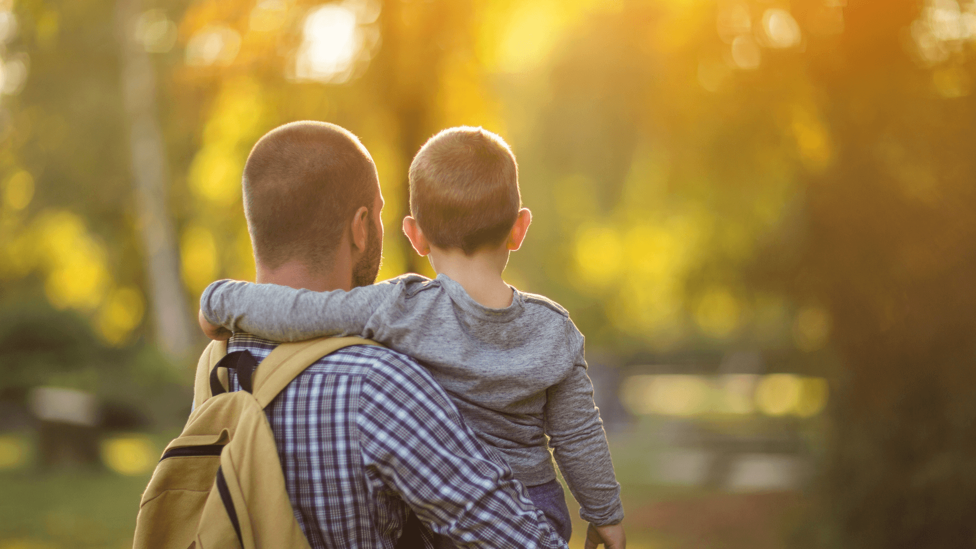 Adult carrying a child outdoors, seen from behind toward sunlit trees.